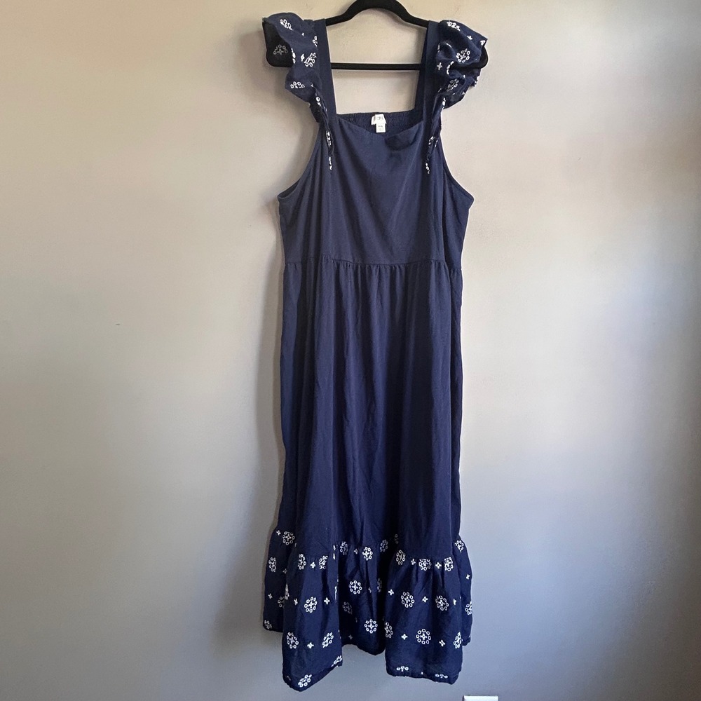 J.Crew Re-Imagined Navy Blue Eyelet Ruffle Smocked Midi Dress XXL